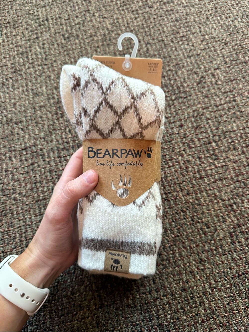 BearPaw Cream & Brown Argyle Fleece-Lined Socks 🧦
